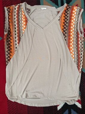 POL Beige V-Neck Tank with Orange Aztec Side Panels